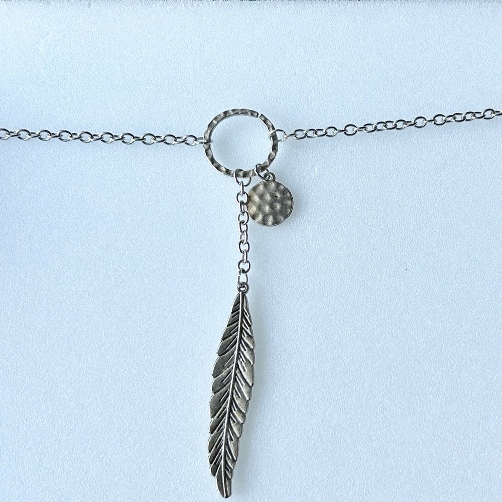 Vintage Feather Leaf and Hammered Circle Coin Pendant on Necklace 38” Drop 5”